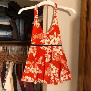 girls lands end orange floral halter swimsuit top
